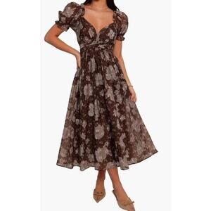 Petal And Pup Farryn Floral Puff Sleeve Midi Dress Brown Size Small NWT